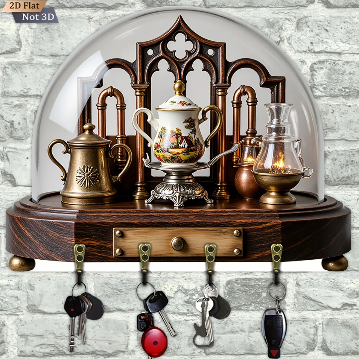 2D Flach, 1 Stück, Europäischer Retro-Glasdeckel Schlüsselhaken Holz Multifunktionaler Schlüsselhalter für Zuhause, mit Vier Metallhaken, Wanddekoration