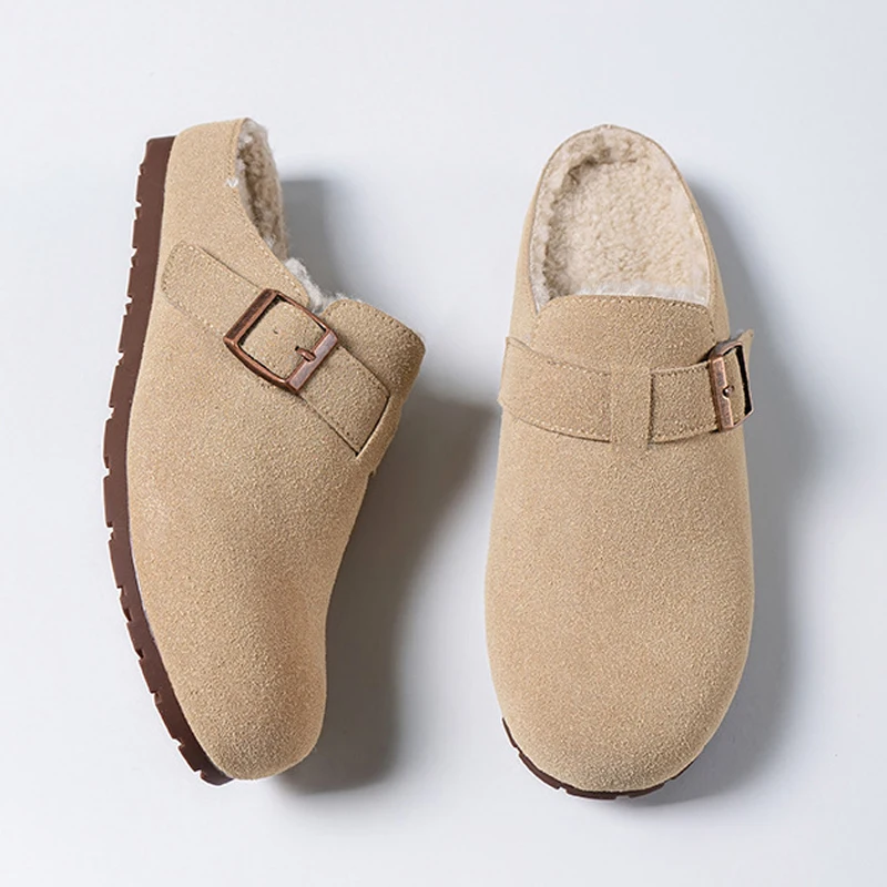 

Зимние флисовые сабо, женская обувь, тапочки с круглым носком и пряжкой, винтажные шлепанцы без шнуровки на меху, обувь на плоской платформе, повседневные лоферы