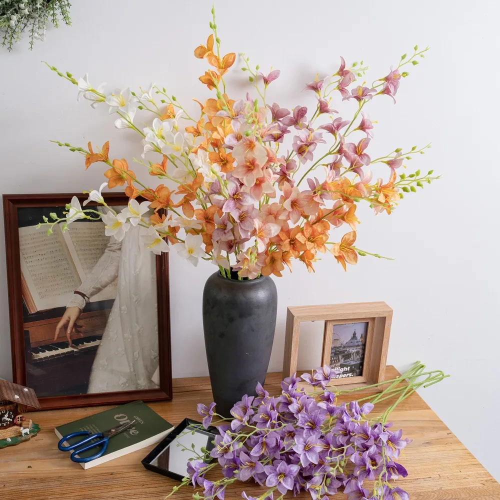 

10 шт./лот, искусственные 2 вилки, фрезия, цветы орхидеи для украшения дома, комнаты, свадебная цветочная композиция, искусственные цветы, вечерние цветы