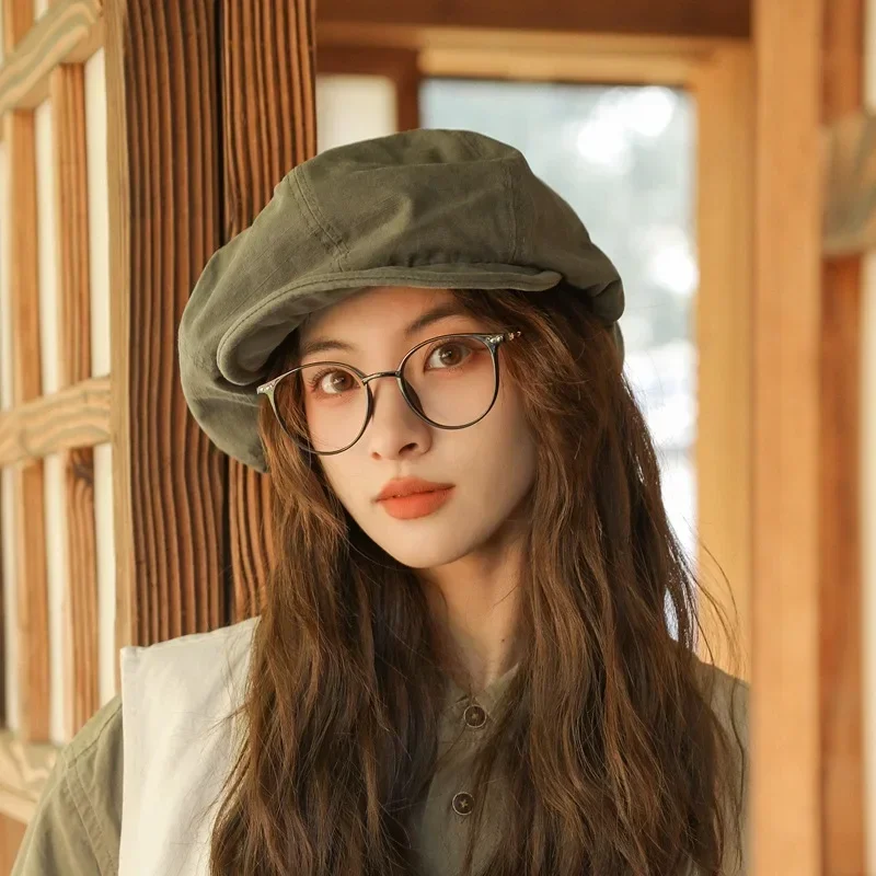 Japanese Simple Washed Cotton Solid Color Beret Women Spring and Summer Retro Literary Painter Newsboy Cloud Cap Gorras