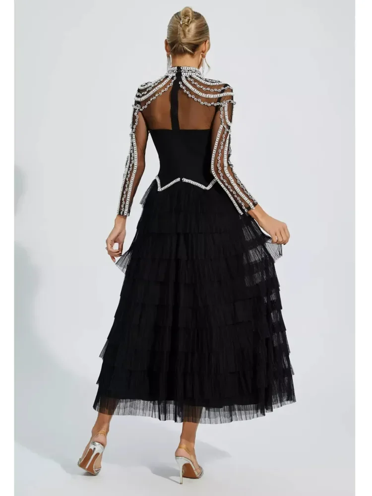 DFDG eleganza femminile Heavy Craft manica lunga abito Patchwork con perline abito da festa di lusso leggero abito lungo da damigella d'onore 2024