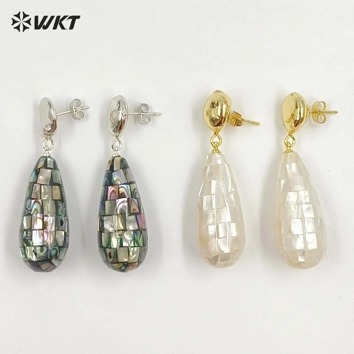 WT-MPE190 New Arrival Water Drop Shape Natural Shell And Abaloneshell Silver And 18k Gold Earrings For Women Jewelry