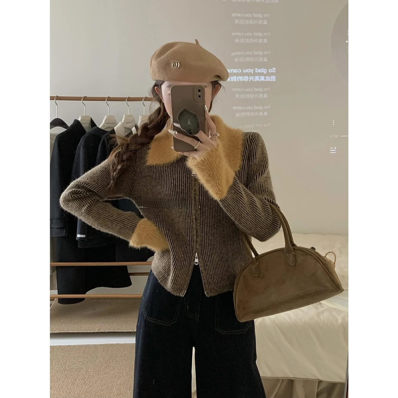 

Double Zipper Knitted Sweater Jaet Women's Faion Color Blo Collar All-Match Autumn Winter Polyester Fiber 00%