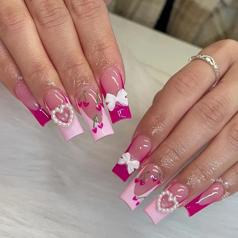 2026 Spring and Summer Handmade Nail French Edge Handmade Nail Cherry Bow Love Exquisite Nail Fashion