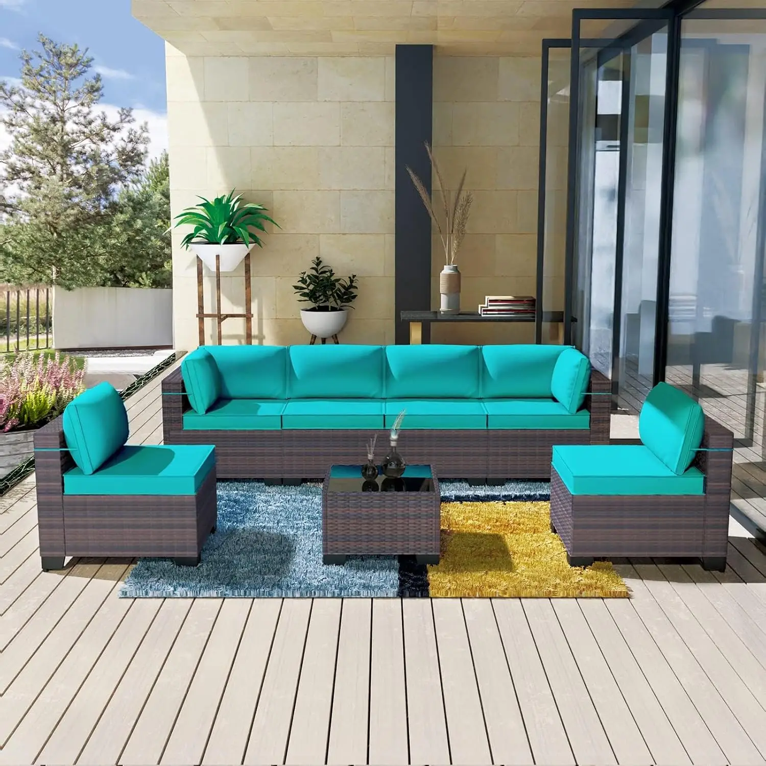 

7 Pieces Outdoor Patio Furniture Set,Sectional Rattan Sofa Set Brown PE Rattan Wicker Patio Conversation Set with, Customized