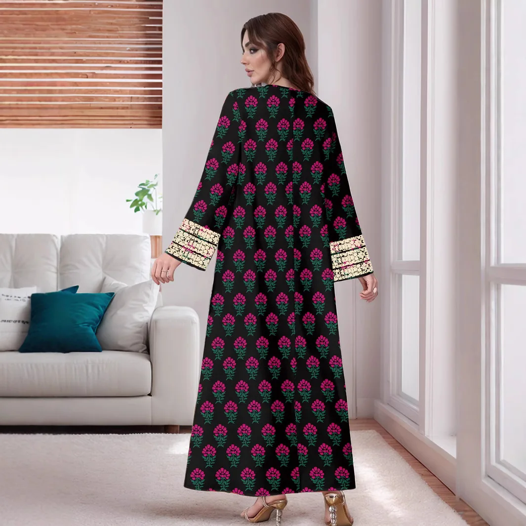 Hurtownia muzułmańskiej odzieży Abaja, bliskowschodnie arabskie damskie sukienki z dekoltem w serek, długim rękawem i długimi spódnicami, modne sukienki Abaja z nadrukiem.