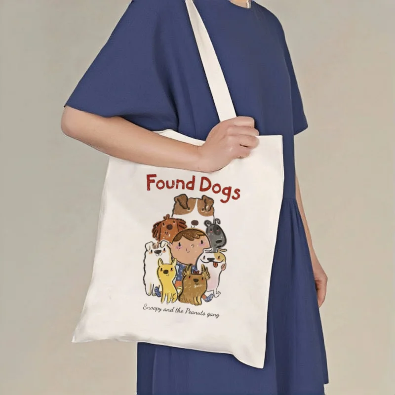 

1pc "Found Dogs" Peanuts Gang Print Canvas Tote Bag, Double-sided Shoulder Handbag