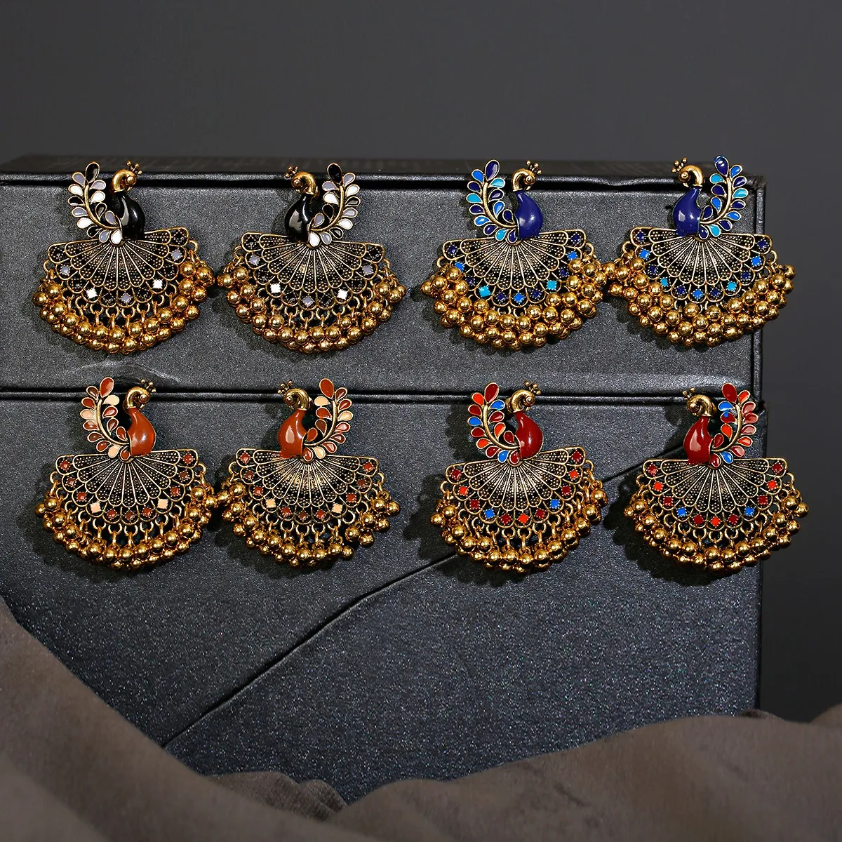 Ethnic Vintage Women\'s Blue Peacock Earrings Alloy Bollywood Oxidized Gold Color Beads Tassel Jhumka Dangle Earrings