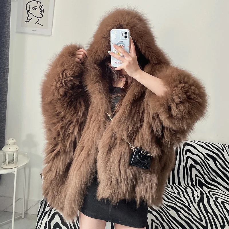 100% Natural Fox Fur Double-side Hand-woven Fur Coats Women Winter Fashion Hoodies Thick Tops Ladies Luxury Real Fur Jackets