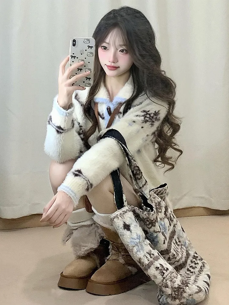 لينة مريحة ندفة الثلج اللون بلو محبوك سترة مفتوحة المرأة تصميم الخريف الشتاء سترة Jaet فضفاضة تناسب مريحة Sle