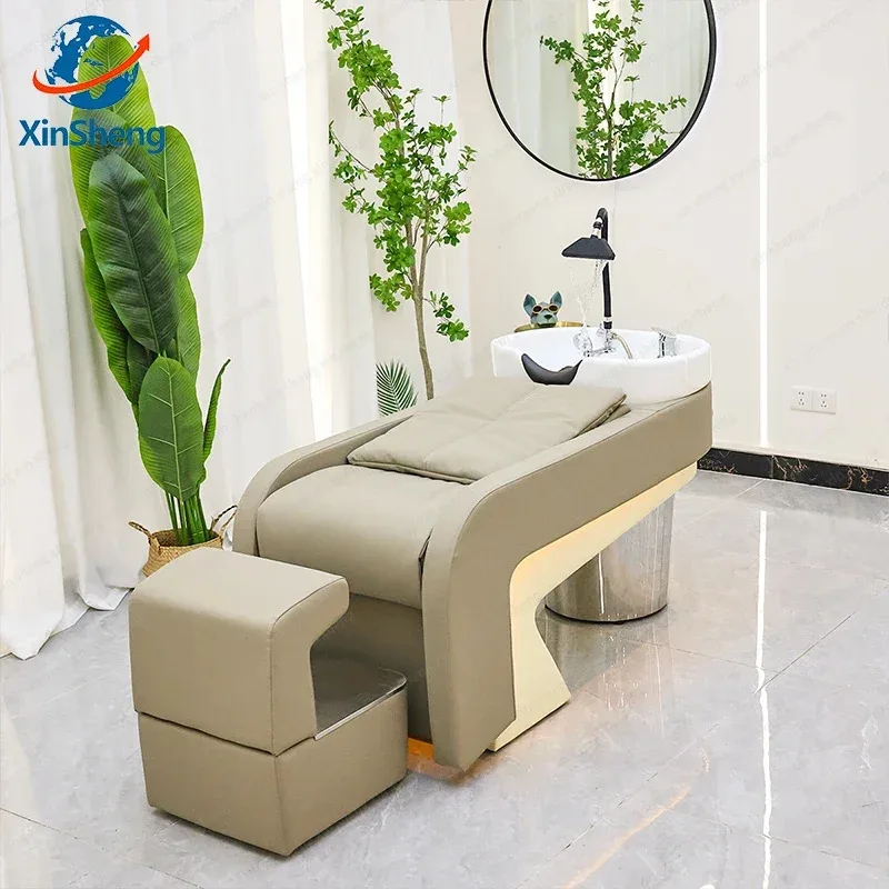 سرير شامبو احترافي من شينشنغ مع إضاءة LED، أثاث صالون للعناية بالشعر، كرسي حلاقة قابل للإمالة مع حوض شامبو