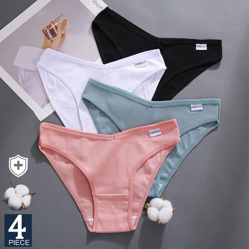 FINETOO 4Pcs/Set Plus Size Women's Cotton Briefs M-4XL Soft Breathable Ribbed Underwear Low Waist Panties for Ladies Daily Wear