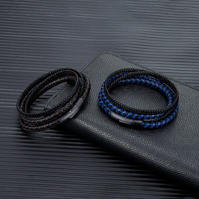 MKENDN Simple Style Men Double Layer Leather Bracelet Matte Black Stainless Steel Button Accessories Hand-woven Jewelry Gifts