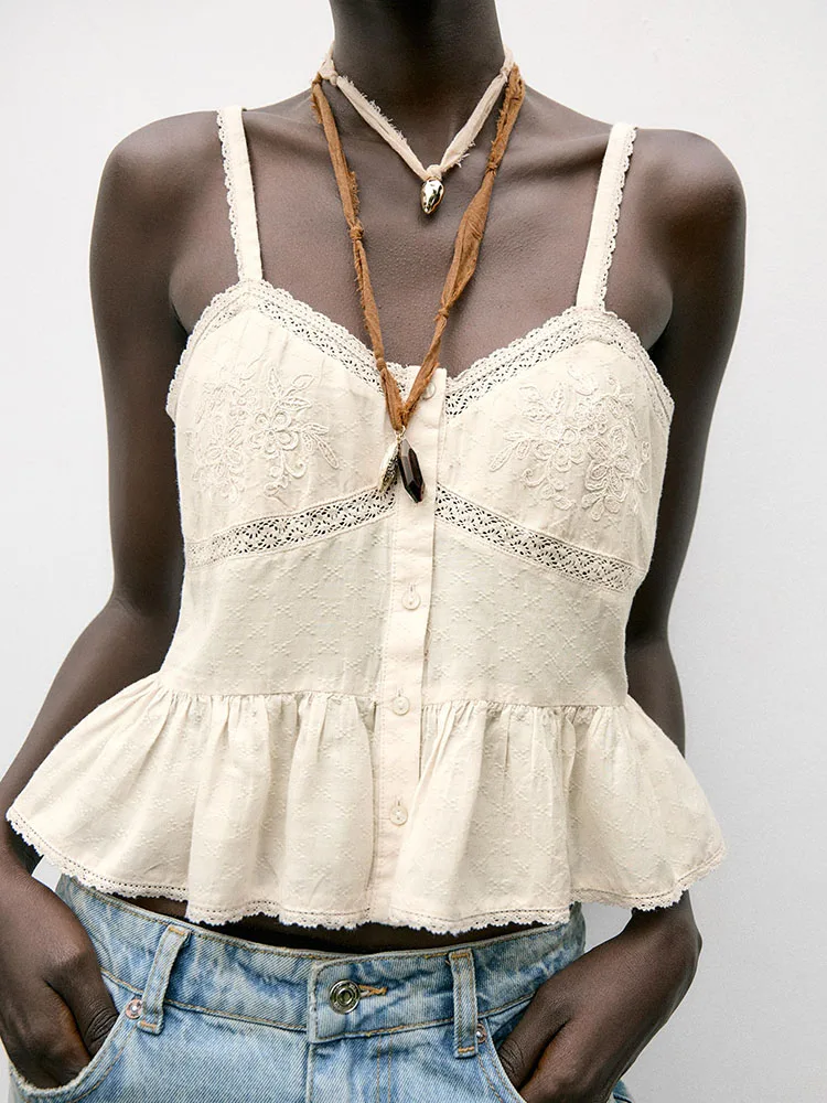 Romantic Casual Women's Summer New Arrival Strap Embroidered Lace Decorated Faion Top Ethnic Stage Costume T Blouse