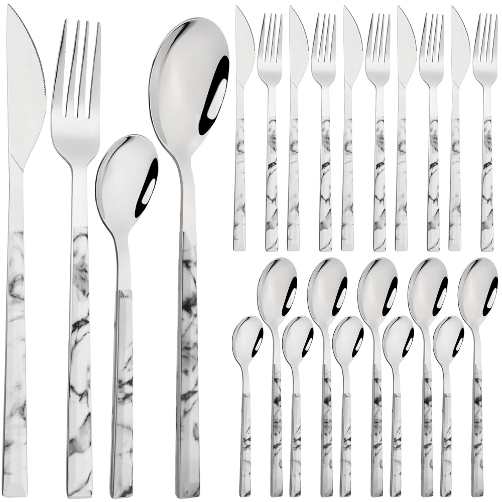 24/30Pcs White Silver Dinnerware Set Imitation Wooden Handle Cutlery Set Knife Fork Tea Spoon Tableware Stainless Steel Flatware