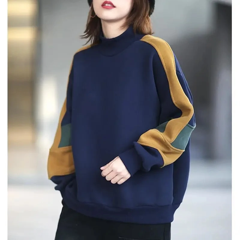 

Thickened warm Korean version of casual loose half high neck matching color hoodie female pullover 2023 autumn and winter