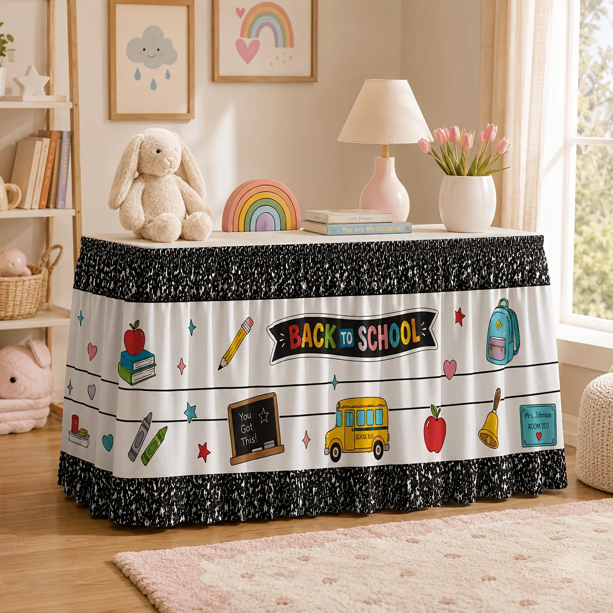 School bus stationery printed polyester table skirt for the back-to-school season, suitable for classroom activitiesxzj