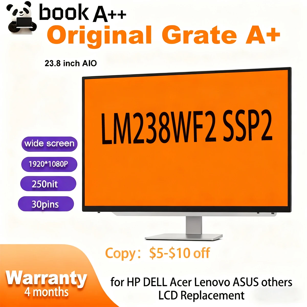 

Original New 23.8" LCD Screen Display 1920*1080 LM238WF2 SSP2 LM238WF2-SSP2 LM238WF2(SS)(P2) FHD