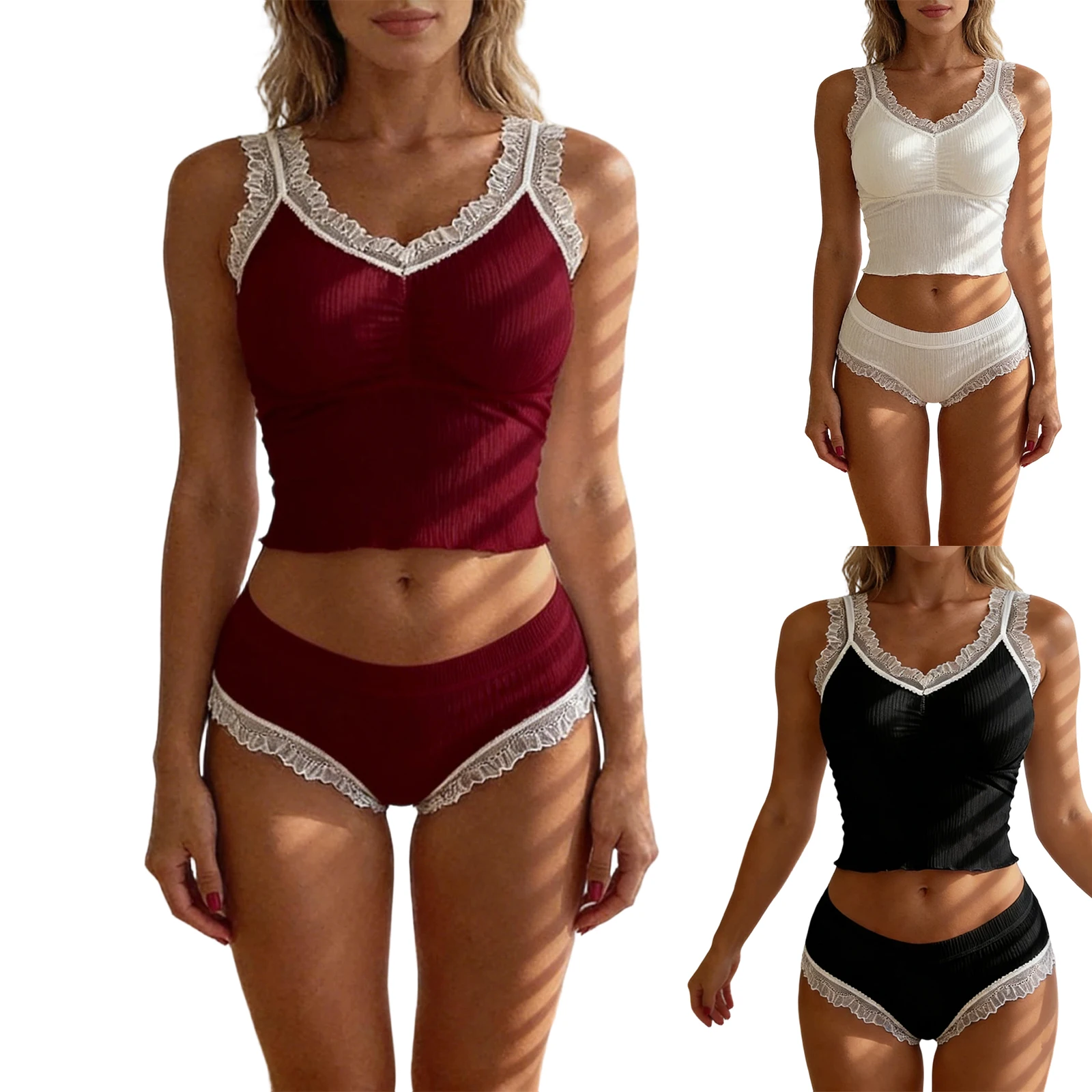 

HEZIOWYUN Women's Pajamas Set Sleeveless V Neck Lace Trim Patchwork Ruched Camisole Tops and Elastic Waist Briefs Naughty Outfit