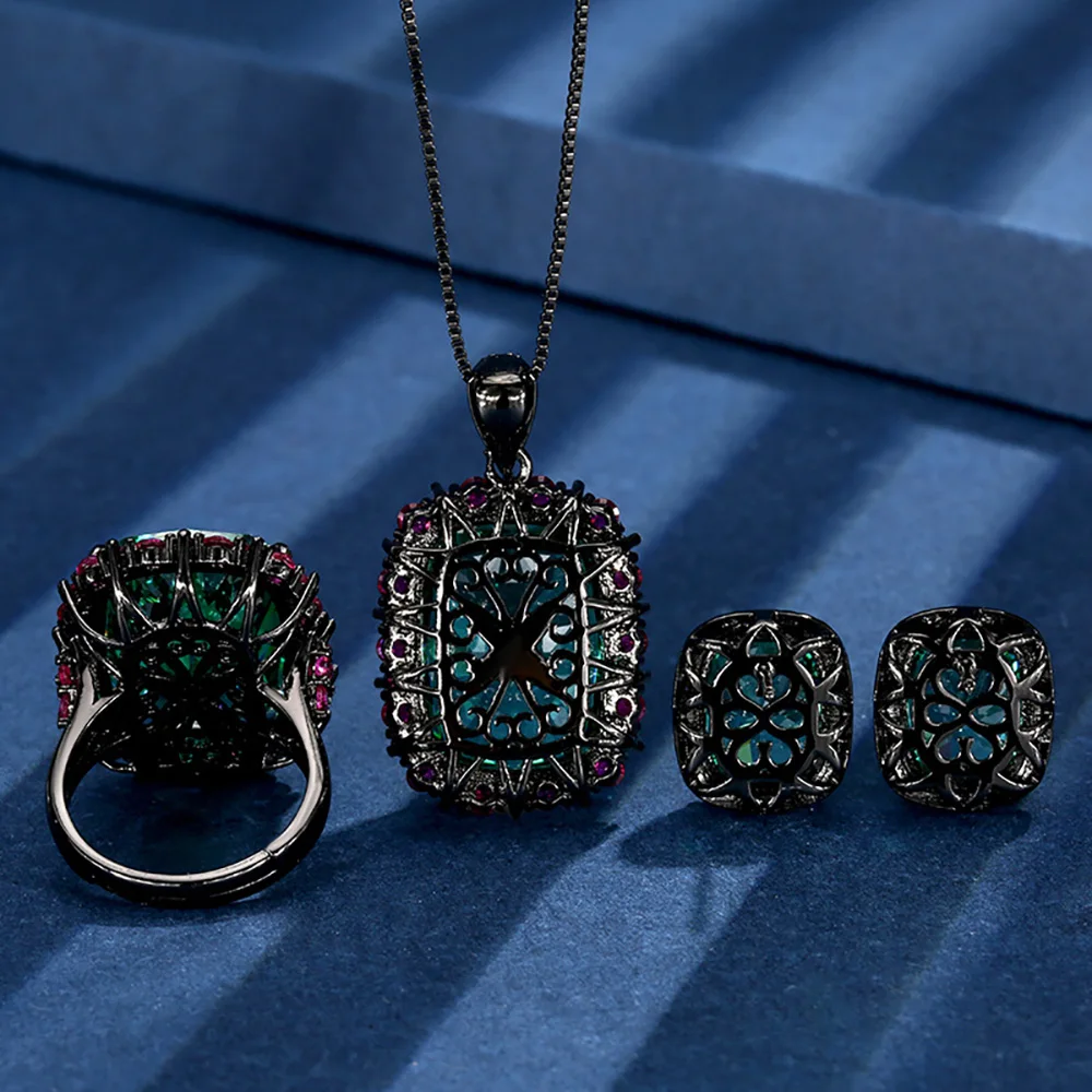 الفاخرة 15*20 مللي متر الأخضر التورمالين طقم مجوهرات قلادة عصابة قلادة أقراط للنساء روبي الأحجار الكريمة مجموعة الحفلات هدية للذكرى السنوية