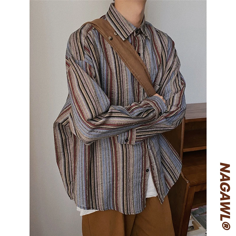 Vintage Vertical Striped Long Sleeve Shirt  Men Oversized Unisex Blouses Summer Luxury 2023 Fashion Japanese Work Women Cardigan