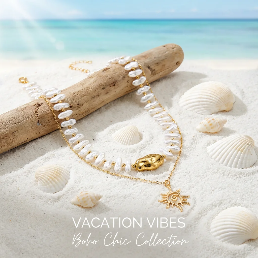 Boho Mehrschichtige Sonnenanhänger-Halskette für Frauen Unregelmäßige Perlen-Choker Statement-Schmuck Sommer Strand Urlaub Geschenk – Detail 2