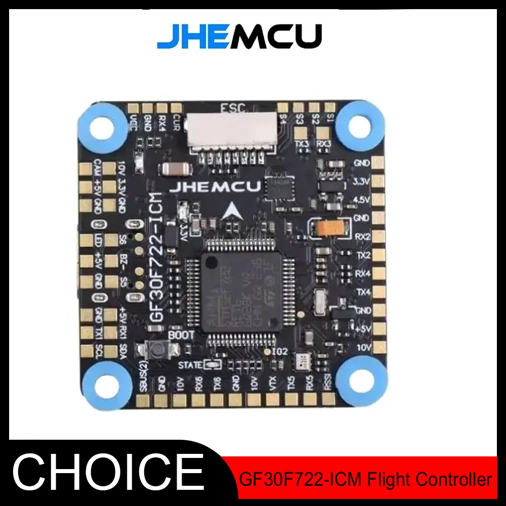 

JHEMCU GF30F722-ICM F722 Flight Controller – Baro, OSD, 5V/10V Dual BEC, 3-8S, 30.5x30.5mm Mount for FPV Freestyle Drones