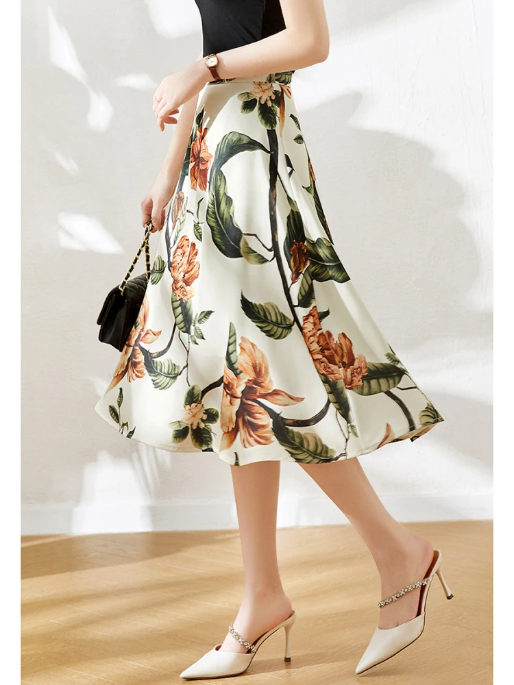 

Chenyun High Waist Floral Print Midi Skirt Women Summer Smooth Anti-Wrinkle Umbrella A-Line Slimming Printed Skirt