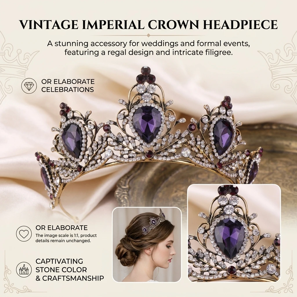 Crown Headpiece Lightweight Baroque Crown for Wedding Bridal Party Accessories Retro Alloy Crystal Tiara Jewelry Elegant view 3