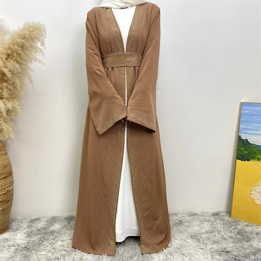 

Hot Diamond Lace-Up Muslim Women Middle East Dubai Cardigan Pocket Dress Abaya Robe Loose Open Cardigan