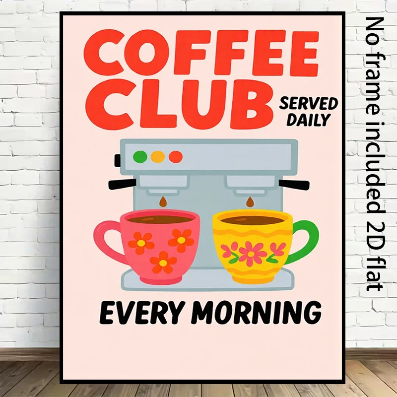 2D Flat, 2D Flat, 2D [Flat] 1pc Unframed Canvas Painting of a Coffee Club That Serves Two Cups of Floral Coffee Every Morning