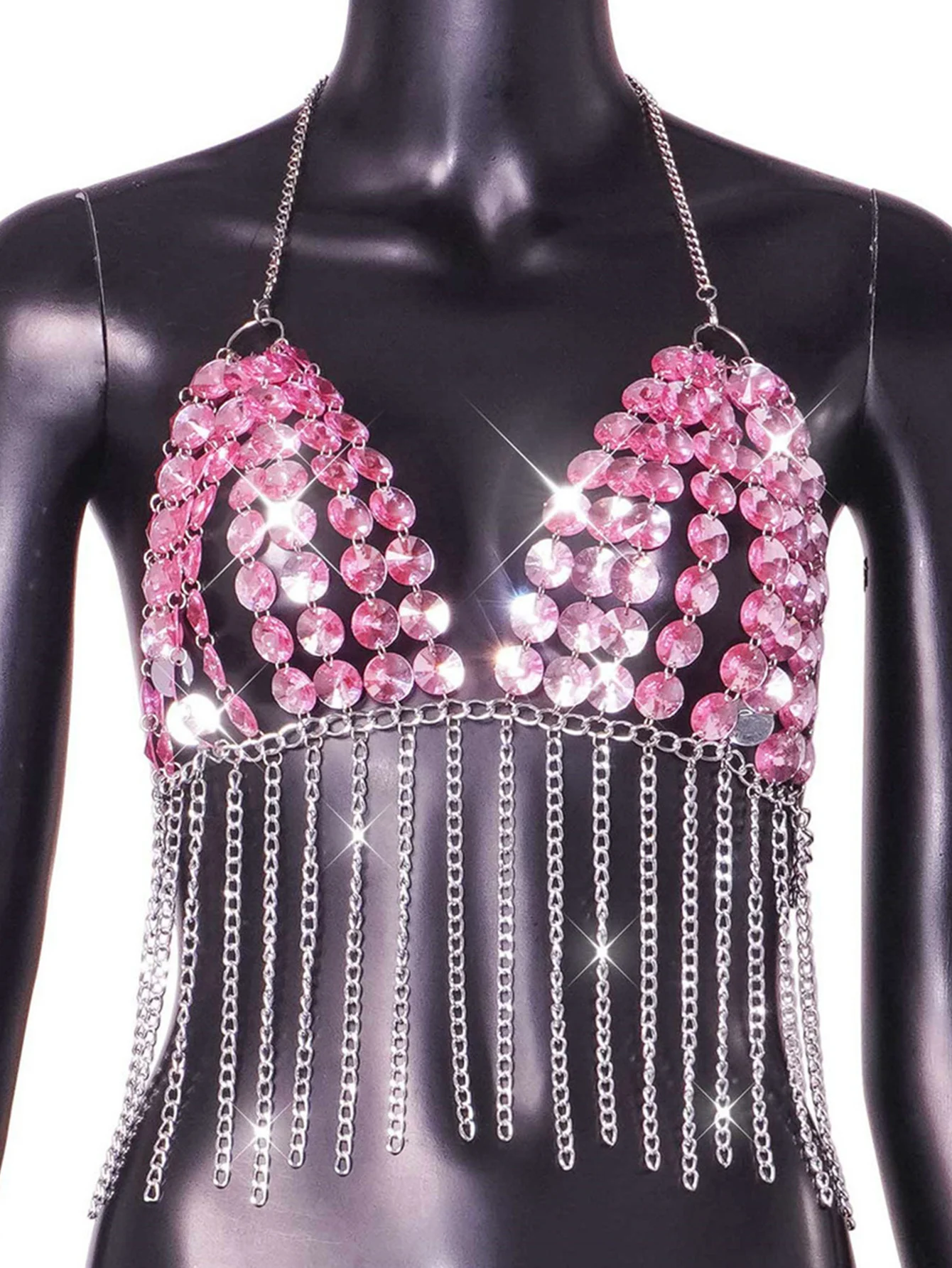 Sexy pink metal rhinestone corset crop top women summer y2k clothes see through beach halter tank top club party rave oufit tops