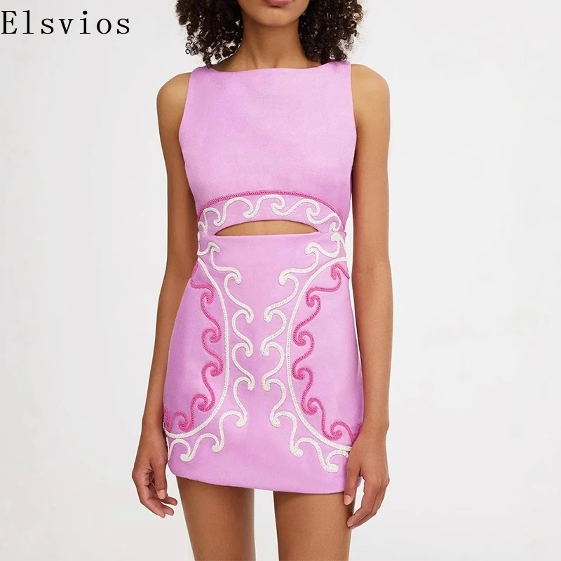 Women's Casual O-neck Slim Short Dress Summer Elegant Sleeveless Hollow Out Party Dress 2025 Fashion Pattern Print Pink Dresses