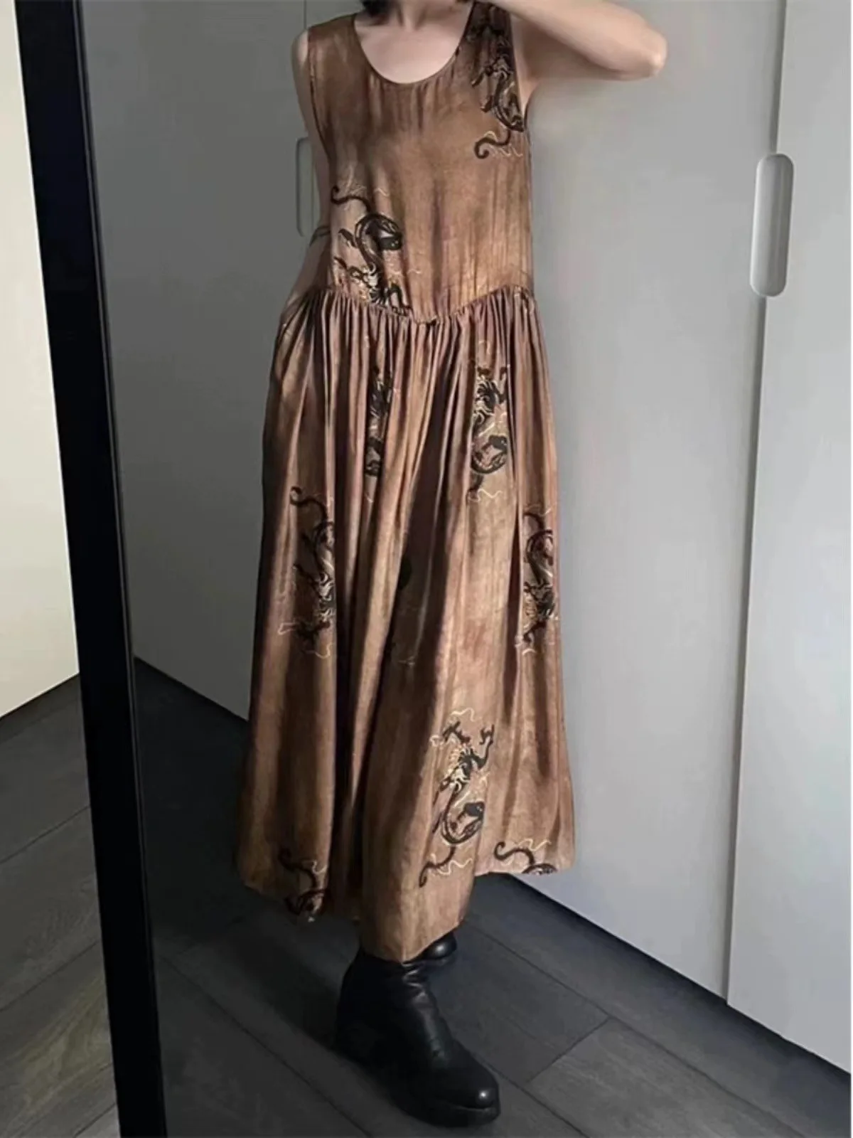 

Women's Midi Dresses Neo-Chinese Style Dragon Print Loose 2024 Summer Ladies O-neck Sleeveless Robe