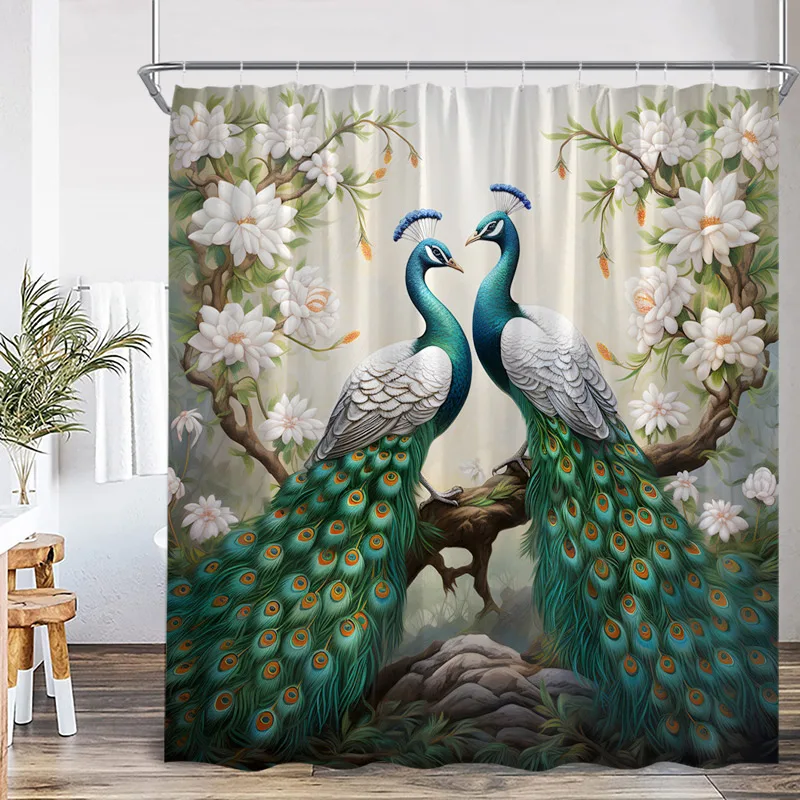 Green Peacocks Shower Curtain Pink Peony Floral Chinese Style Bird Polyester Fabric Home Bathroom Curtains Decorative with Hooks