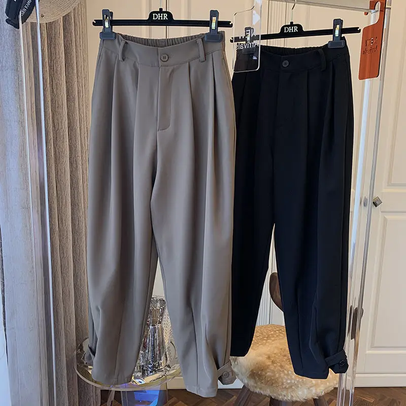 

Design Loose Wide Leg Office Lady Suit Pants Womens Slimming High Waist All-Matching Elastic Pendant Straight Harem Korean Black