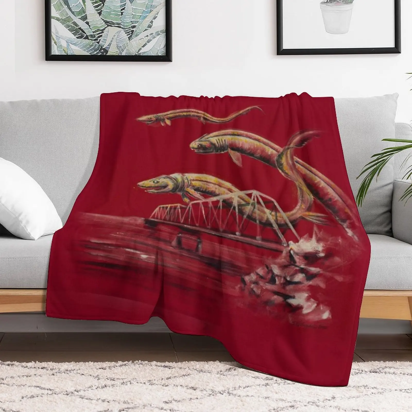 frilled sharks over the train bridge Throw Blanket