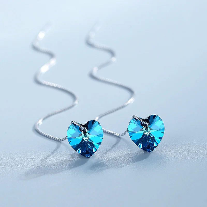 Real 925 Sterling Silver Drop Earrings Long Chain Drop Piercing Original Heart Crystals from Austria For Women Wedding Party