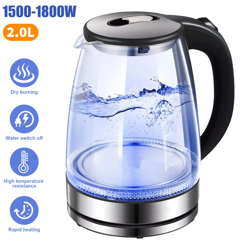 2L 1800W Wasserkocher Glas Schnell kochendes blaues LED-Haushaltsgerät mit Edelstahl Schnell kochender tragbarer Krug Sicherheit