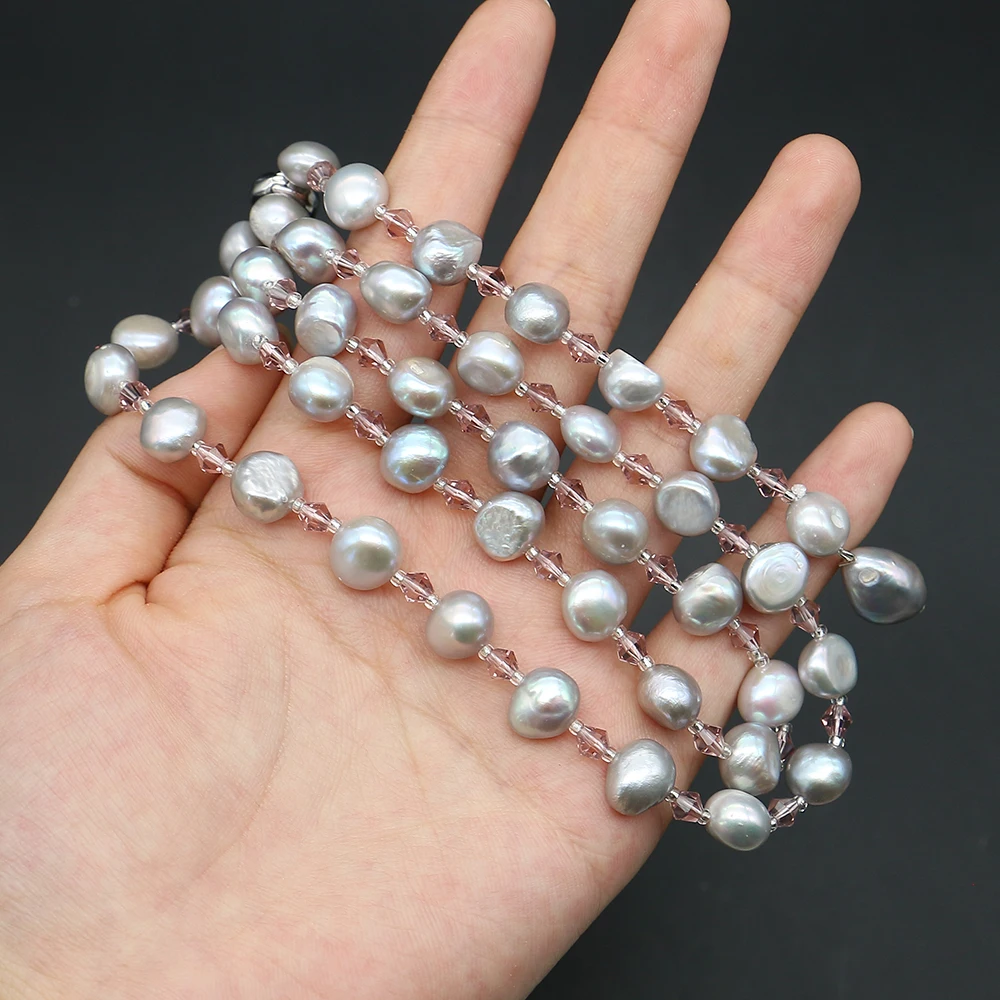 

Natural Freshwater Silver-Plated Horizontal Hole Double-Sided Polished Pearl Polished Crystal Tassel Chain Necklace Accessories