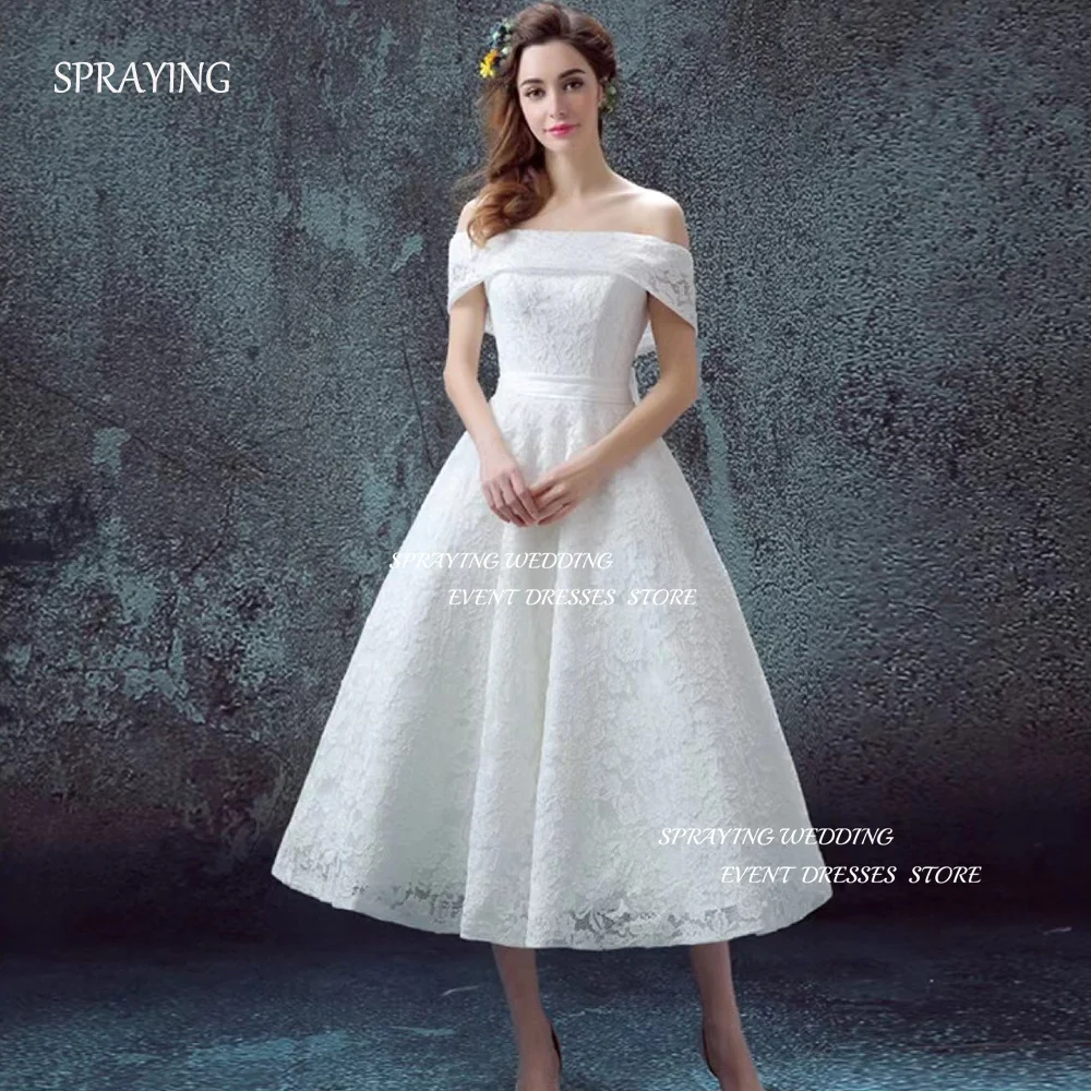 

SPRAYING Boat Neck Wedding Dresses Off the Shoulder Lace Party Gown Lace-up Big Bow Tea-Length Bridal Gown Photo Shoot