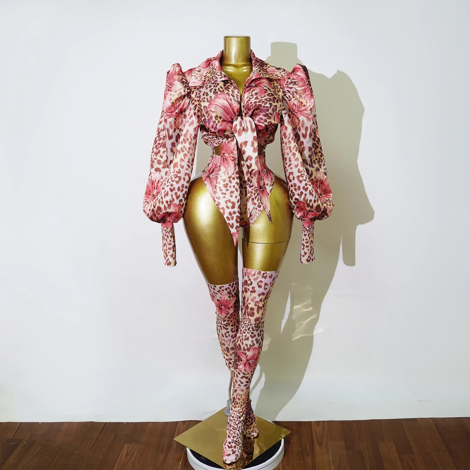 Sexy pink Leopard print sets festival outfit party clubnight birthday outfits for women Singing Stage DJ drag queen costumes