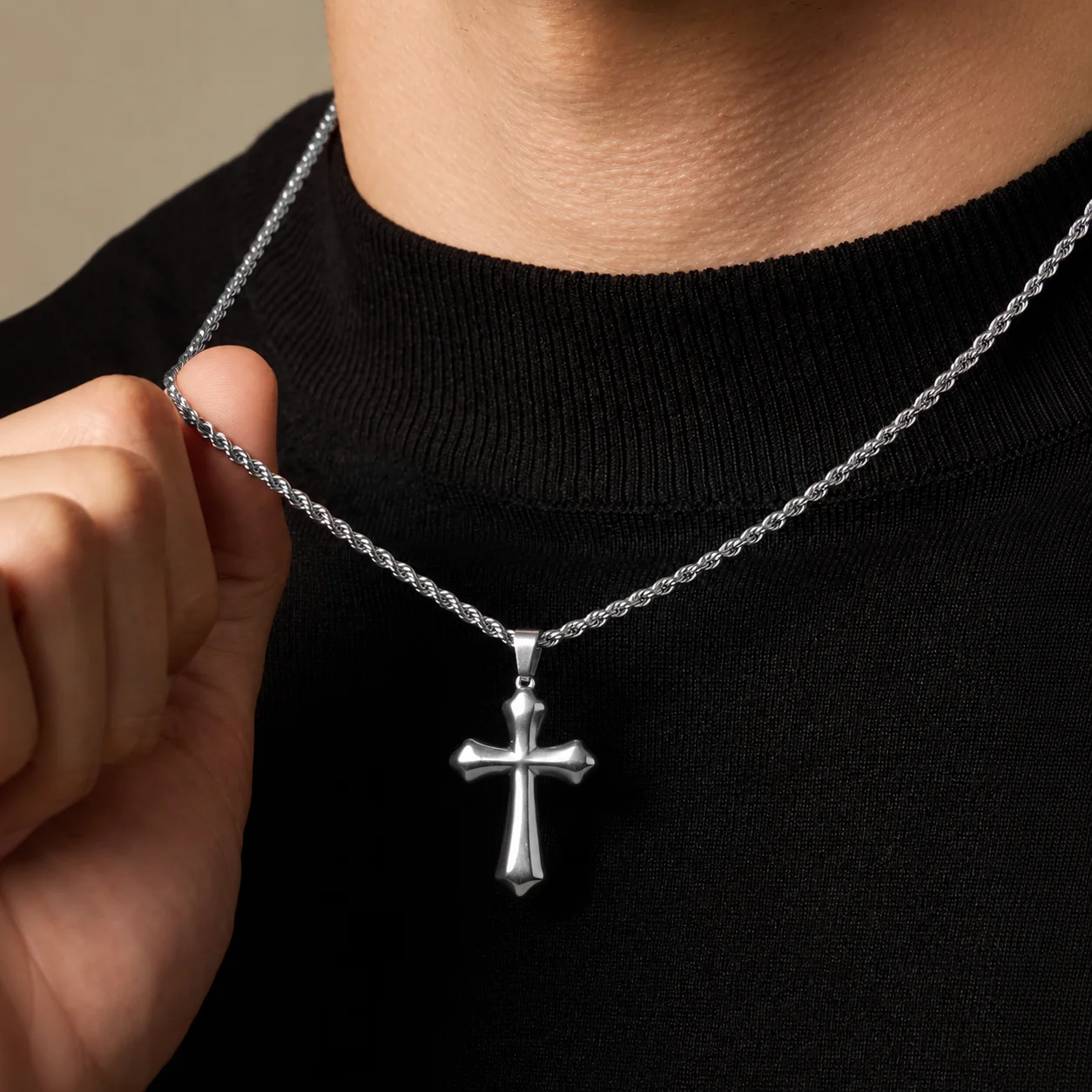 Stainless Steel Puffy Cross Pendant Necklace for Men, Silver Twist Rope Chain, Hypoallergenic Christian Faith Jewelry Gift