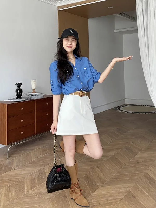 

Комплект из двух предметов: юбка А-силуэта с высокой талией и топ из синего льна Zhang a Xing – летний повседневный костюм для женщин