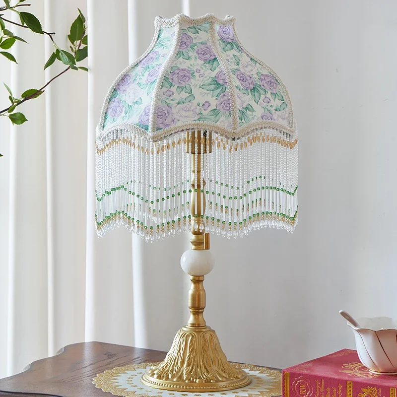 French retro bedroom fringed pastoral table lamp light luxury rose vintage living room study bedside ambient light