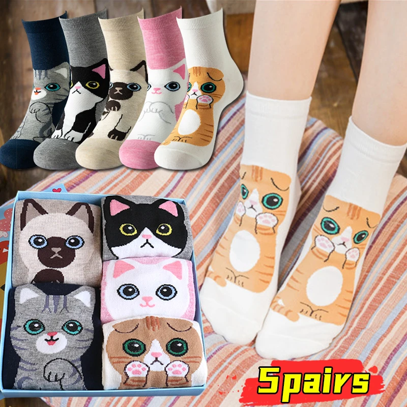 

5pairs Fashion Cartoon Sock Cute Cat Print High Quality Cotton Funny Anime Mid-tube Stocking Breathable Deodorant Sock for Women