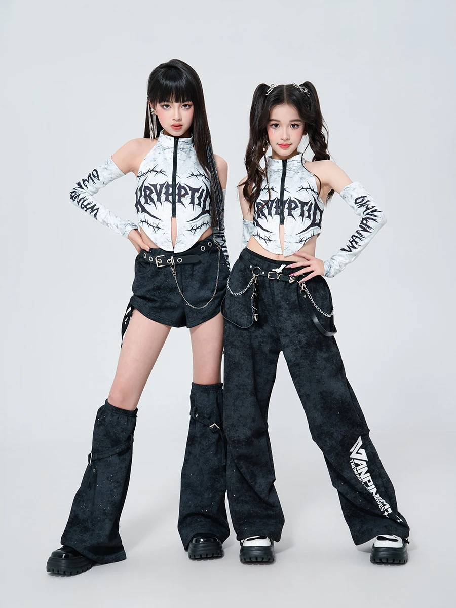 Trajes de baile de Jazz modernos 2025 para niñas, Tops plateados, pantalones sueltos, traje de práctica, ropa de calle, ropa de actuación de Hip Hop DQS19715