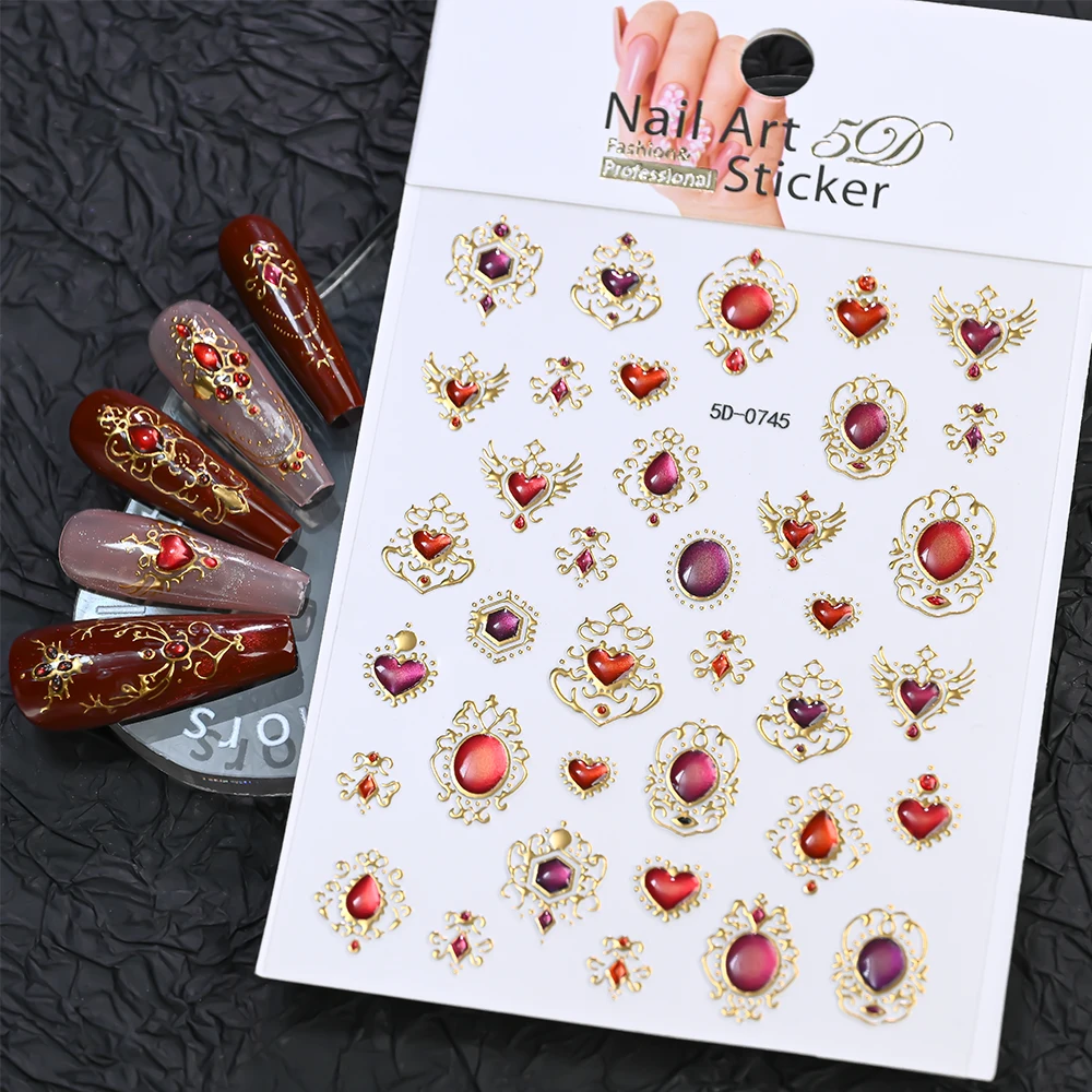 5D geprägte Smaragd-Edelsteine, Nagelkunstaufkleber, luxuriöser goldener Rahmen, barocke Blumen-Nagelaufkleber, grüne Strasssteine, Nagelzubehör