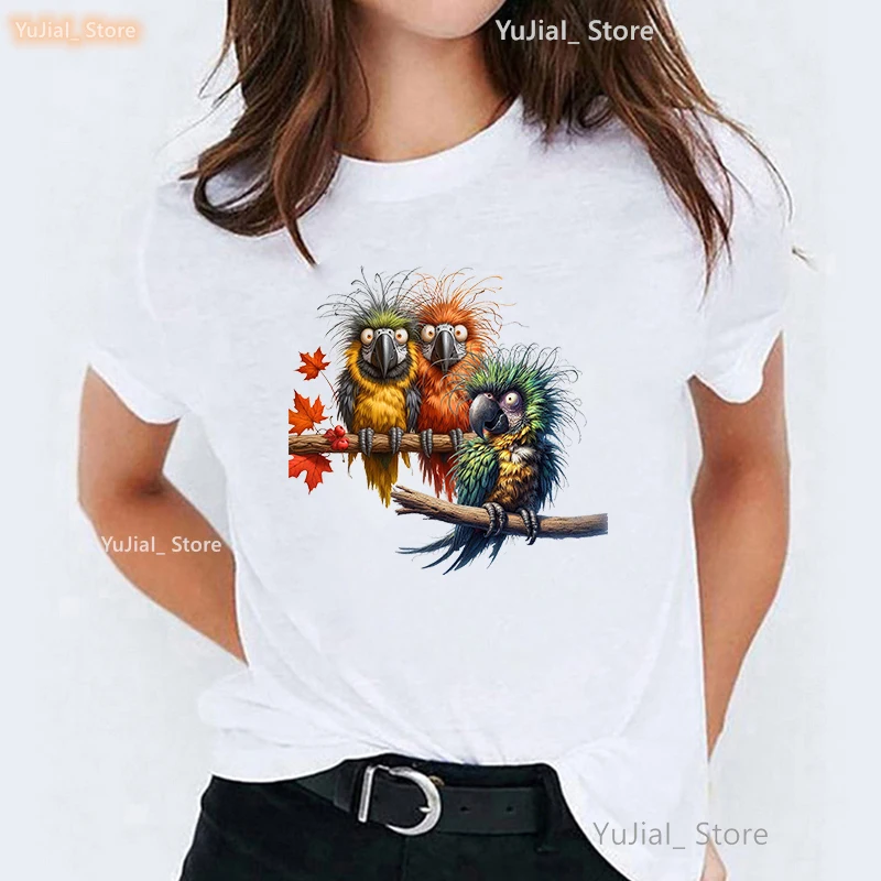 Funny Parrots Printed T Shirt Girls Kawaii Birds Tshirt Women Fall Fashion Tops Tee Shirt Femme Harajuku Shirt Streetwear