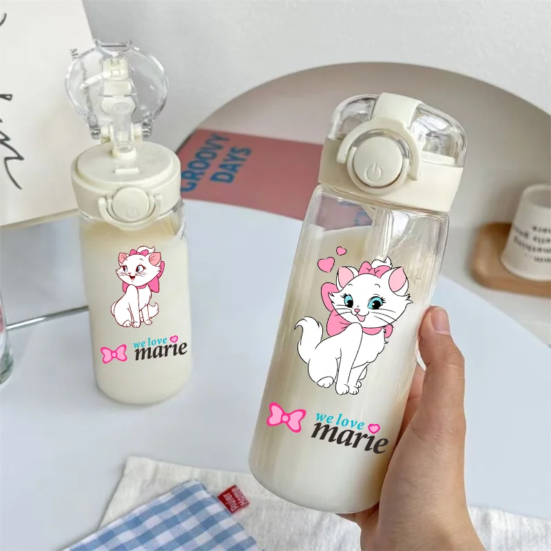 Disney Marie Cat 400ml The Aristocats Big Capacity Transparent Portable Plastic Straw Cup Outdoor Sport Children Drinking Bottle